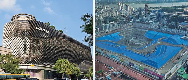 (왼쪽부터) 서울 강남구 기아360 외관과 서울 강남구 현대차 글로벌 비즈니스 콤플렉스(GBC) 부지. /권유정 기자