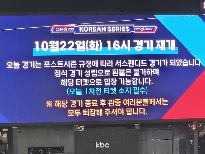 ▲ 2024 KBO 한국시리즈 1차전 6회초 폭우로 경기 중단