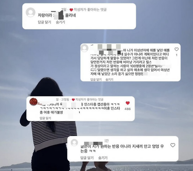 21살에 아이를 낳은 뒤 육아와 직장생활을 병행하는 한 젊은 엄마가 자신의 일상생활을 사회관계망서비스(SNS)에 올린 게시물에 달린 악플. [사진 출처 = 인스타그램 캡처]