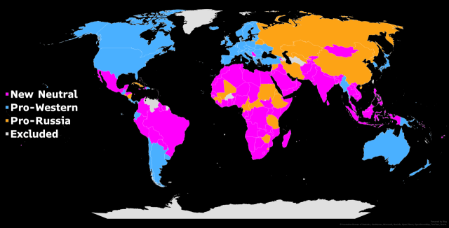 파란색이 친 서방 국가, 오렌지색은 친 러시아 국가, 진한 분홍색은 ‘신 중립국’. 블룸버그이코노믹스