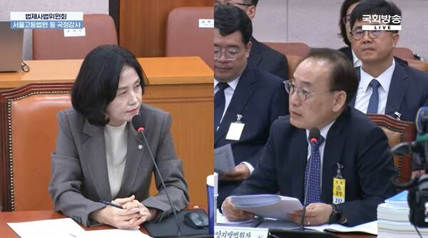 ▲김정중 서울중앙지방법원장이 22일 국회 법사위 서울고등법원 등 법원 국정감사에서 현 정부 들어 무자비한 언론사 압수수색 영장을 발부한다는 비판에 어떤 견해냐는 박은정 조국혁신당 의원 질의에 그런 비판이 가능하나 실제 과도한지 논의해보겠다고 답변하고 있다. 사진=국회방송 영상 갈무리