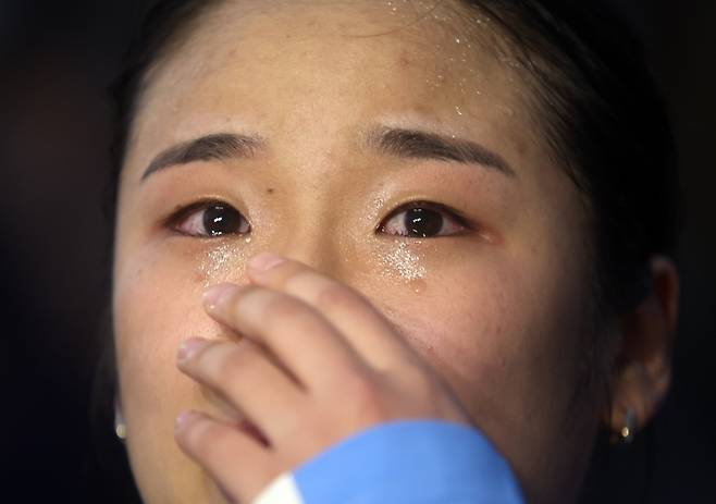 Ahn Se-young sheds tears during an interview after finishing the game at the Gyeongnam National Sports Festival earlier this month, which was her first official return to competition since the Paris Olympics. Ahn Se-young received a lot of attention right after her Olympic gold medal when she whistle-blowed the administrative chaos of the Korea Badminton Association and the absurdities of the badminton world. Yonhap News