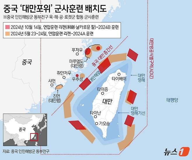 중국군이 14일 대만을 겨냥한 육군·해군·공군·로켓군을 동원한 군사 훈련을 실시한 데 이어 해경도 포위 순찰에 나선다. 이는 지난 5월 라이칭더 대만 총통 취임 연설을 문제 삼아 포위 훈련을 진행한 지 약 5개월 만이다. ⓒ News1 김지영 디자이너