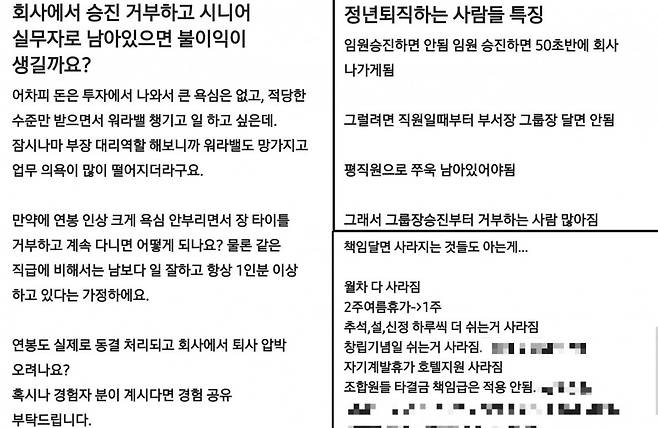 직장인 커뮤니티에서 '승진거부' 관련 글을 검색하면 보이는 고민글. 관리자 직급에게 주어지는 불이익에 대해 의견을 나누는 게시글도 눈에 띈다. /사진=직장인 커뮤니티 '블라인드' 캡처