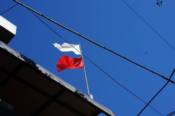 Red and white flags are displayed on top of a shaman's shindang in Seoul. Korean shamans' shrines are often indicated through flags hung outside their doors. While there are many different interpretations for the flags' colors, a white flag usually indicates that the shaman is able to tell clients' fortune, while the red flag says the shaman can also perform gut. [KIM JU-YEON]