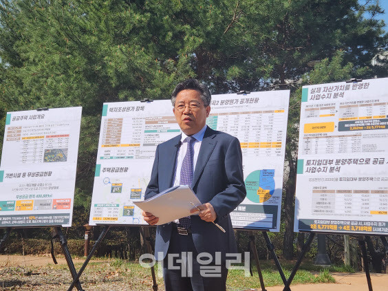 지난해 3월 김헌동 SH공사 사장이 해찬솔 근린공원에서 세곡2지구 사업결과 공개 설명회를 열고 있다. (이데일리DB)