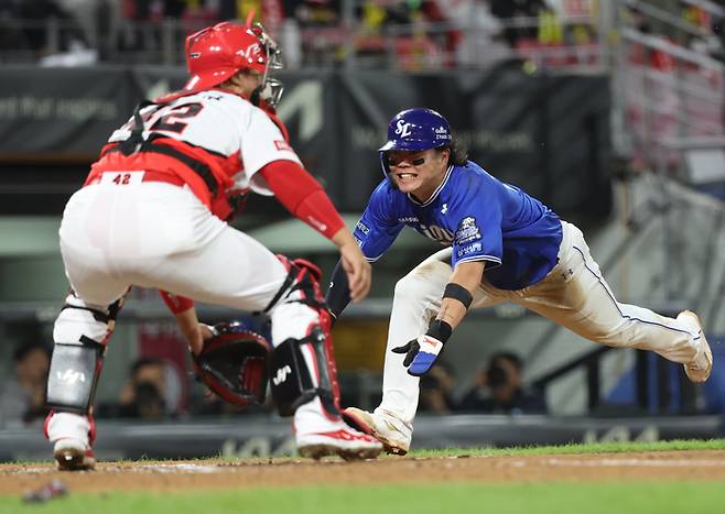 삼성 류지혁(오른쪽)이 23일 광주-기아 챔피언스 필드에서 열린 2024 KBO 한국시리즈 2차전 KIA와 경기에서 6회초 김현준의 적시타 때 홈에 들어오고 있다. 사진 | 광주=연합뉴스