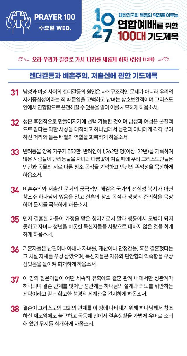 주최 측이 공개한 100대 기도 제목 중 '젠더 갈등과 비혼주의, 저출산에 관한 기도 제목' 일부. '10·27 한국교회 2백만 연합예배' 홈페이지 캡처