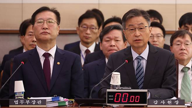 25일 국회에서 열린 법제사법위원회 국정감사에서 최재해 감사원장이 의원 질의에 답하고 있다 [사진제공:연합뉴스]