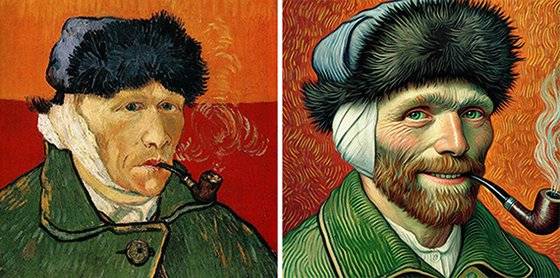 빈센트 반 고흐의 작품 ‘파이프를 물고 귀에 붕대를 한 자화상’(왼쪽·개인 소장)을 AI가 밝게 웃는 고흐로 바꾼 이미지(오른쪽). [사진 심상용]