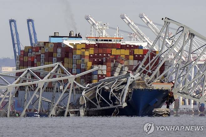 지난 3월 선박과 충돌해 붕괴한 볼티모어항 프랜시스 스콧 키 브리지 [AP=연합뉴스 자료사진]