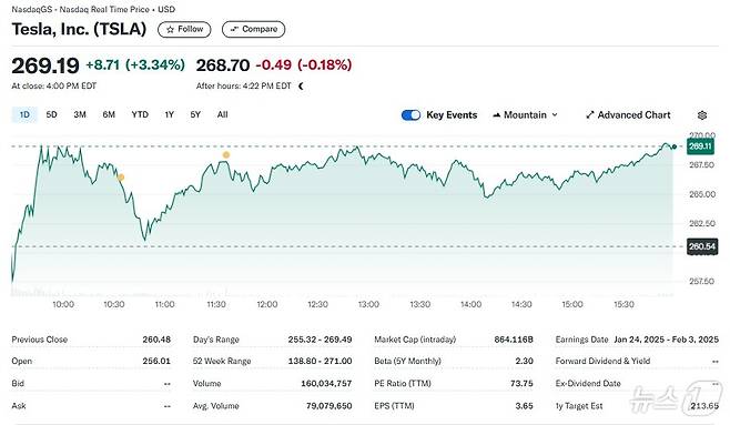 테슬라 25일 일일 주가추이 - 야후 파이낸스 갈무리