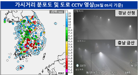 10월 26일 오전 5시 경남 산청과 충남 금산 고속도로에 짙은 안개가 껴있다.(사진=기상청)