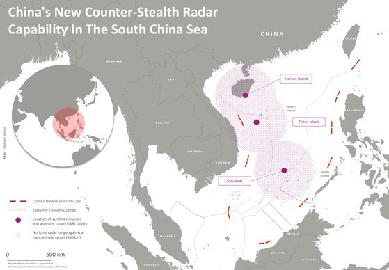 중국이 남중국해에 설치하고 있는 스텔스 탐지 레이더 능력. 채텀하우스