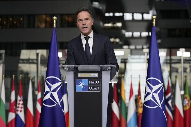 NATO Secretary-General Mark Rutte delivers a statement after a meeting with a high level South Korean delegation including top intelligence and military officials as well as senior Korean and NATO diplomats at NATO headquarters in Brussels on Monday. (AP)