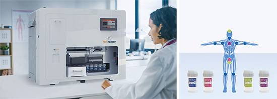 바이오다인 ‘블로윙’ 독자 기술이 들어간 검사 장비. 박스 사진은 검사용 용액.