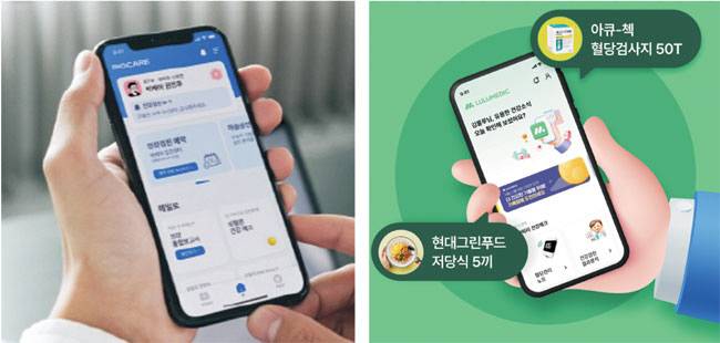 건강검진 플랫폼 빅케어의 구독형 건강관리 서비스 ‘헤일로’(왼쪽 사진)는 개인 건강검진 결과를 기반으로 심혈관 건강·스트레스 등 상태를 스마트폰으로 실시간으로 확인해 관리할 수 있다. 룰루메딕 ‘룰루 혈당멤버십’(오른쪽)은 앱을 통해 간편하게 혈당 관리를 하고 건강한 생활 습관을 기를 수 있도록 돕는다.  각 사 제공
