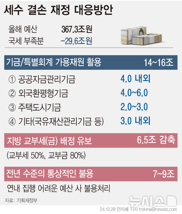 [서울=뉴시스] 정부가 올해 30조원 규모의 세수 결손을 메우기 위해 내국세에 연동돼 내려가는 지방교부세(금) 지급 규모를 6조5000억원 수준으로 감축한다는 계획이다. 지난해 18조원을 불용처리한데 이어 올해 6조원 수준이 삭감되는 셈이다. (그래픽=안지혜 기자)  hokma@newsis.com