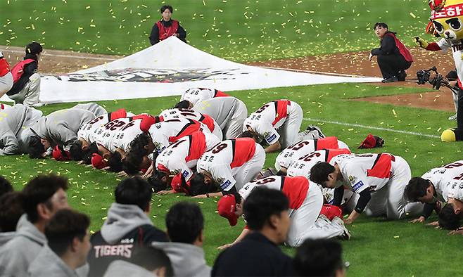 28일 광주 기아챔피언스필드에서 열린 프로야구 '2024 신한 SOL 뱅크 KBO 포스트시즌' 한국시리즈 5차전 삼성 라이온즈와 KIA 타이거즈의 경기에서 7대5로 승리하며 시리즈 전적 4대1로 통합 우승을 차지한 KIA 선수들이 팬들에게 큰절을 하고 있다. 뉴스1