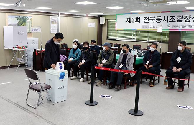 2023년 3월 제3회 전국 동시 조합장 선거가 열린 동래구 부산시산림조합에 마련된 투표소에서 유권자들이 투표하고 있다. ⓒ연합뉴스
