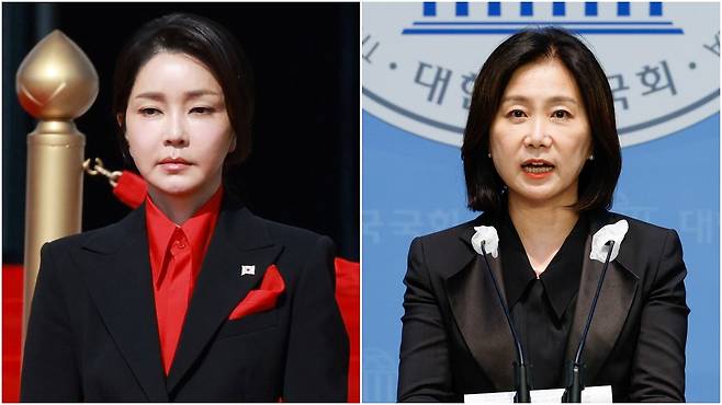 윤석열 대통령 부인 김건희 여사가 24일 서울 용산 대통령실 청사에서 열린 국빈 방한 공식환영식에 안제이 두다 폴란드 대통령 부인 아가타 콘하우저-두다 여사와 자리하고 있다(왼쪽 사진). 허은아 개혁신당 대표가 16일 오후 서울 여의도 국회 소통관에서 운영위원회가 상설특검 규칙안을 야당 단독으로 소위에 회부한 것과 관련, 개혁신당이 특검 추천권을 가져야 한다며 긴급 기자회견을 하고 있다(오른쪽 사진). /뉴시스·뉴스1