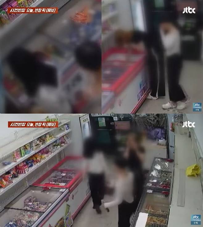 (JTBC '사건반장' 갈무리) 얼굴 가리고 무인점포 턴 여자들.gif [cctv]