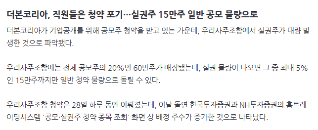image.png 더본코리아, 직원들은 청약 포기…실권주 15만주 일반 공모 물량으로