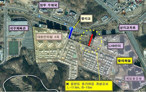 율량동 중리마을 진입도로 공사 위치도. [사진=청주시]