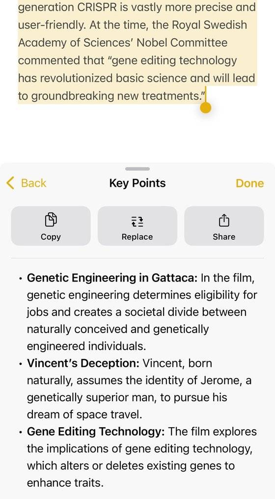 애플 인텔리전스 글쓰기 도구 요약 기능을 통해 원본 글을 요약한 결과물. 원본 글은 영화 가타카와 현재 유전자 편집 기술에 대해 정리한 글이었다. 사진 아이폰 캡처