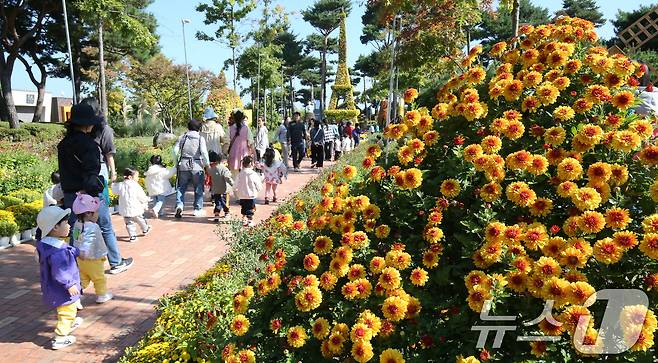 (대전ㆍ충남=뉴스1) 최형욱 기자 = 30일 대전·충남은 대부분의 지역에서 낮과 밤의 기온차가 10도 이상으로 클 것으로 예보됐다. 대전 유성구 유림공원 일대에서 열린 유성국화축제장에서 나들이 나온 시민들이 가을을 즐기고 있다. /뉴스1 ⓒ News1 김기태 기자