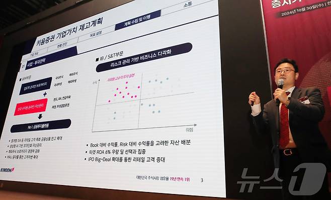 김지산 키움증권 CSO가 30일 서울 여의도 한국거래소에서 열린 2024 뉴스1 투자포럼(NIF)에서 강연을 하고 있다. 민영뉴스통신사 뉴스1 주최로 열린 이번포럼은 '밸류UP-코리아UP, 증시가 성장 엔진이다'를 주제로 자본시장 전문가들이 총출동해 정보를 나눈다. 2024.10.30/뉴스1 ⓒ News1 박세연 기자