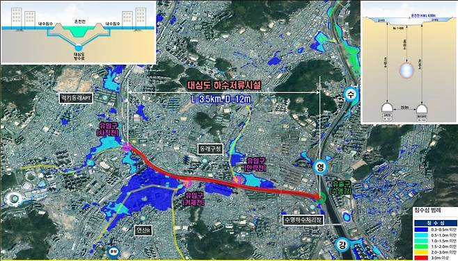 빗물 40만톤을 지하 40m 아래에 저장하는  '온천천 대심도 하수저류 빗물터널' 위치도./부산시