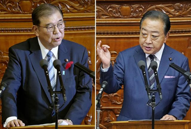 이시바 시게루(왼쪽 사진) 일본 총리와 노다 요시히코 입헌민주당 대표가 7일 중의원 본회의에서 토론하고 있다. 도쿄=교도 연합뉴스