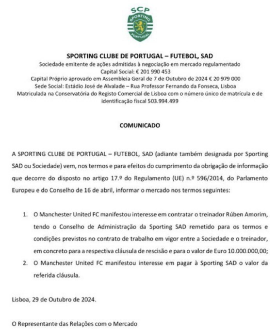 맨체스터 유나이티드가 에릭 텐 하흐 감독 후임으로 스포르팅의 후벵 아모림을 낙점, 1000만 유로(약 149억원)에 해당하는 바이아웃을 지불했다. 유럽 축구 이적시장 전문가 파브리치오 로마노에 따르면 맨유는 스포르팅에 1000만 유로를 지불하겠다는 뜻을 전했으며 아모림 역시 맨유의 프로젝트에 동의한 것으로 알려졌다. 로마노는 계약이 확정적일 때 쓰는 'Here we go' 멘트를 덧붙였다. 스포르팅 리스본