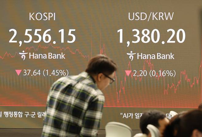 31일 오후 서울 중구 하나은행 본점 딜링룸 현황판에 코스피, 원·달러 환율 지수가 표시돼 있다. (사진=연합뉴스)