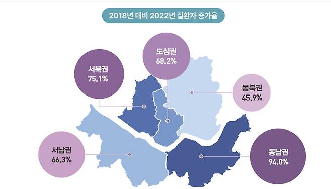 [서울=뉴시스]서울 지역별 정신질환자 증가율. 2024.10.30. (자료=서울연구원 제공) *재판매 및 DB 금지