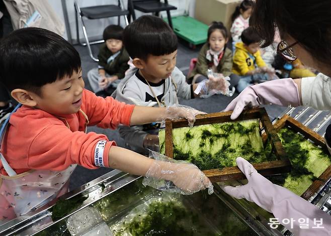 1일 서울 서초구 강남대로 aT센터에서 열린 ‘2024 Sea Farm Show’에서 어린이들이 감태 만들기 체험을 하고 있다. 양회성 기자 yohan@donga.com