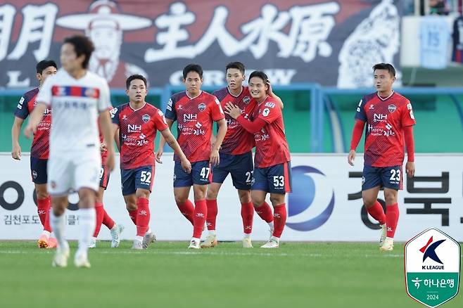 모재현의 득점을 축하하는 김천 상무 선수들 [한국프로축구연맹 제공. 재판매 및 DB 금지]