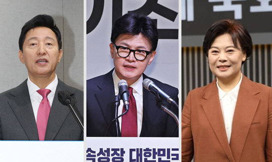 왼쪽부터 국민의힘 소속 오세훈 서울특별시장, 한동훈 당대표, 윤희숙 전 서울 중성동갑 국회의원 후보.<연합뉴스 사진·윤희숙 전 국회의원 페이스북 사진 갈무리>