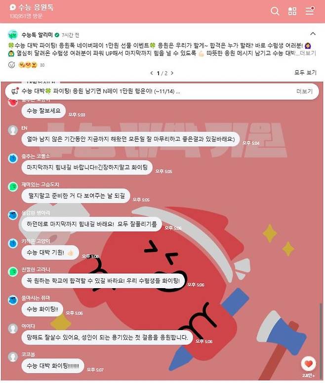 [서울=뉴시스] 네이버가 오는 14일 2025학년도 대학수학능력시험을 맞아 자사 오픈채팅 서비스 '오픈톡'에 '수능 응원톡'을 지난 1일 개설했다고 3일 밝혔다. 지난 1일 오후 6시 기준 13만명의 네티즌이 수능 응원톡을 방문해 "수험생 모두 건강 조심하시고 노력한 것만큼 풍성한 결실 거두시길", "지금까지 공부한 12년 헛되지 않게 노력한 것보다 더 좋은 결과가 있기를 바랍니다" 등의 메시지를 남겼다. *재판매 및 DB 금지