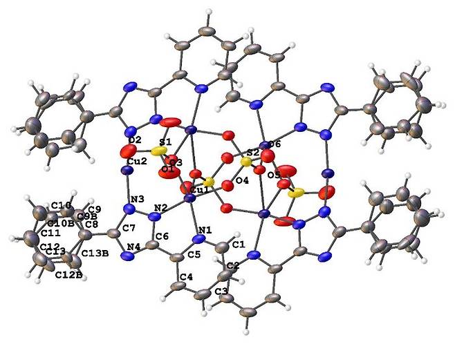연구팀이 개발한 구리 입자 전구체(Cu-mono)의 단결정 구조. 설계된 신규 물질의 유기 치환체 결합을 포함한 전구체의 화학구조를 단결정 분석으로 확정함. ⓒ아주대 제공