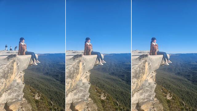 왼쪽은 호주 블루마운틴에서 관광객이 사진을 찍고 있는 모습. 중간이 아이폰의 ‘클린업’, 오른쪽이 갤럭시 ‘인공지능 지우개’로 관광객을 지운 사진. 이재연 기자