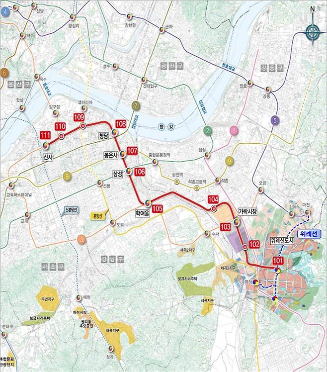 위례 신도시와 서울 강남구 신사역을 연결하는 위례신사선 노선도. 서울시 제공