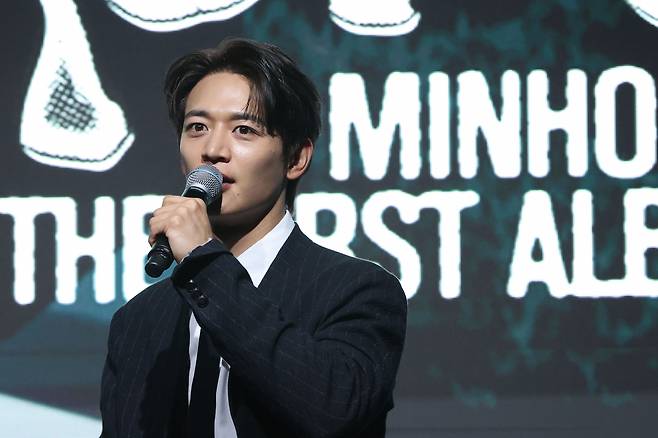 Minho speaks at a press conference for his first full-length solo album, "Call Back," in Seoul, Monday. (SM Entertainment)