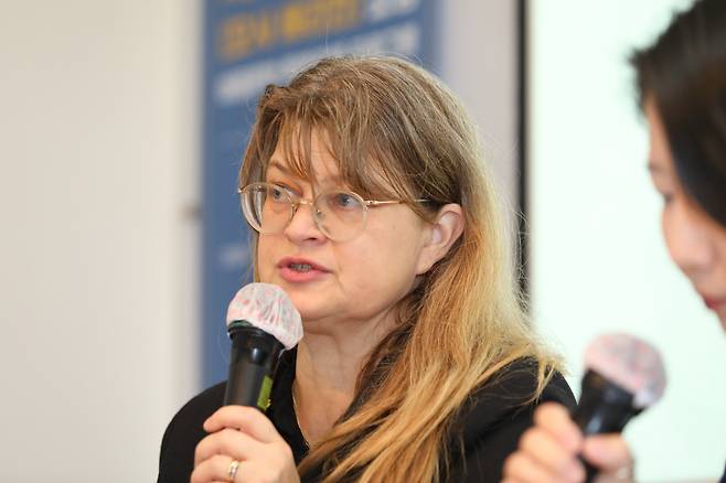 Asa Bergman, head of office at the Astrid Lindgren Memorial Award, speaks during a talk on children's literature at Arko Art Center in Seoul on Thursday. (Arts Council Korea)