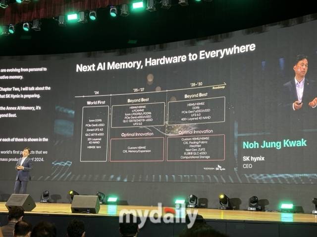 곽노정 SK하이닉스 대표이사가 4일 서울 삼성동 코엑스에서 열린 'SK AI 서밋 2024'에서 기조연설을 하고 있다./황효원 기자