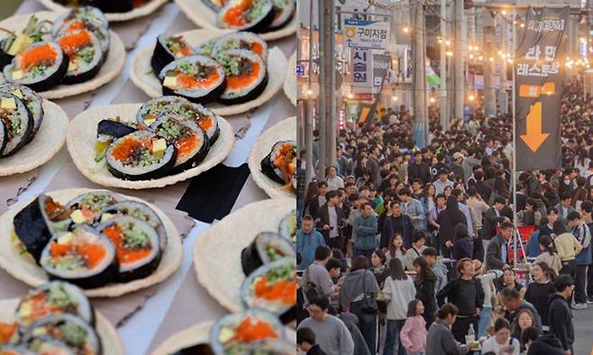 지난달 열린 경북 김천 김밥축제에서 김밥을 뻥튀기 그릇에 담아 제공한 모습. 오른쪽은 지난 2일 오후 구미 라면축제를 즐기러 온 관광객들로 북적이는 모습. 김천시·구미시 제공