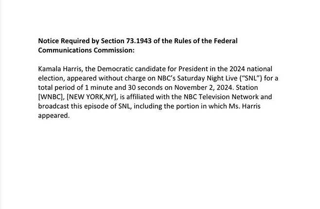 NBC가 FCC에 제출한 해리스 출연 신고서 (서울=연합뉴스) 미국 NBC방송이 2024년 11월 3일 미국 연방통신위원회(FCC)에 제출한 신고서. NBC는 그 전날 밤 인기 코미디 프로그램 '새터데이 나이트 라이브'(SNL)에 민주당 대통령후보인 카멀라 해리스 부통령을 1분 30초간 대가 청구 없이 출연시켰다. [NBC 홈페이지 화면 캡처. 재판매 및 DB금지] 2024.11.4.