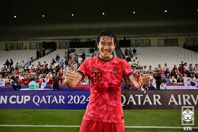 이태석이 지난 4월 2024 아시아축구연맹(AFC) 23세 이하(U-23) 아시안컵에서 환호하고 있다. 사진 | 대한축구협회