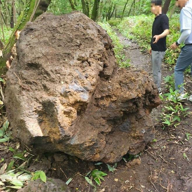 한라산국립공원 인근에서 훔쳐 트럭으로 운반하다 등산로에 떨어뜨린 4t 무게의 자연석. [사진출처=제주도 자치경찰단 제공]